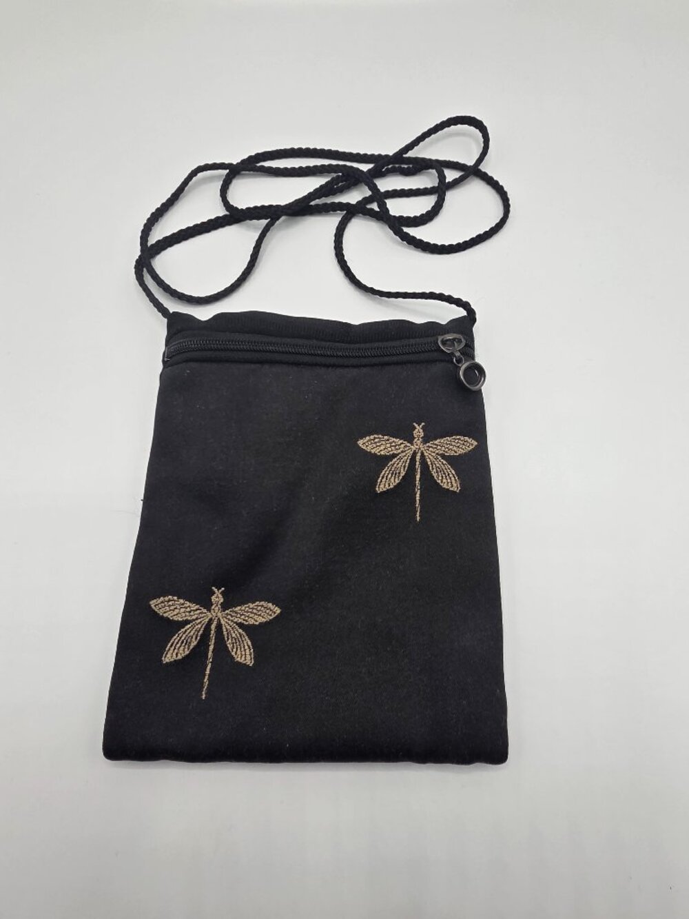 G’s Glow Black Silk Blend Dragonfly Crossbody Mini Zip Purse